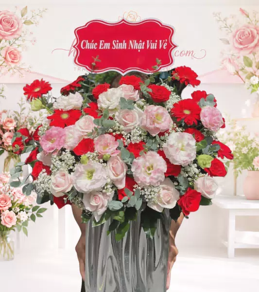 Giỏ hoa hồng lisianthus đồng tiền đỏ trắng