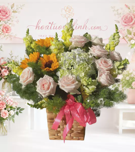 Giỏ hoa hồng phấn hướng dương cẩm tú cầu