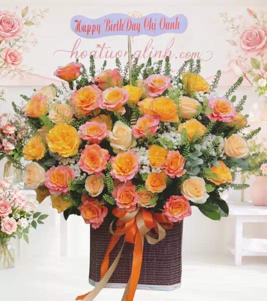 Giỏ hoa hồng vàng cam sinh nhật
