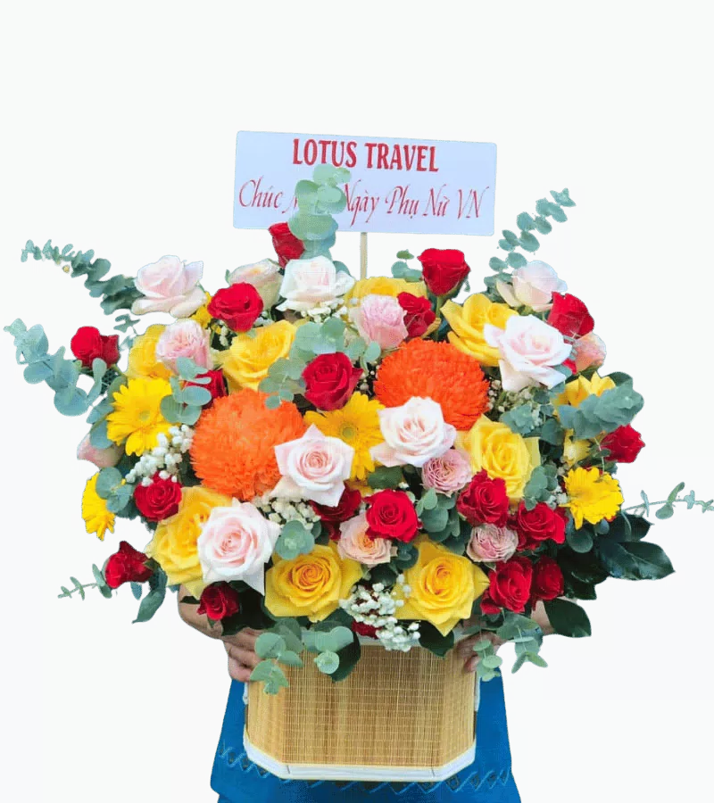 Giỏ hoa hồng vàng đỏ trắng cúc mâm xôi