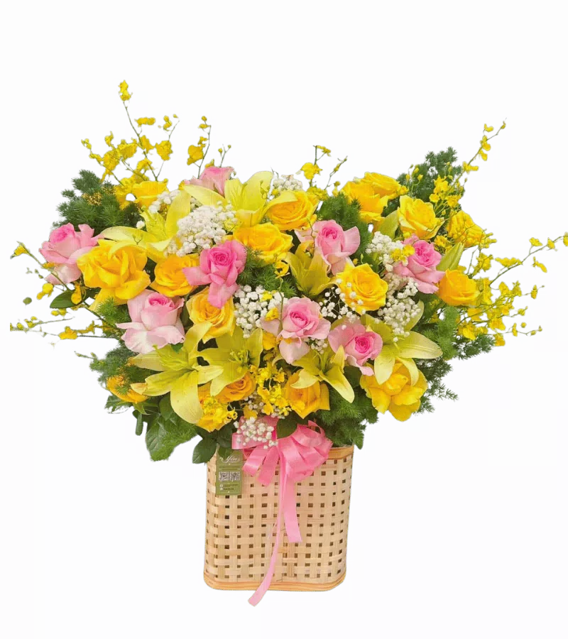 Giỏ hoa hồng vàng hồng ly vàng oncidium