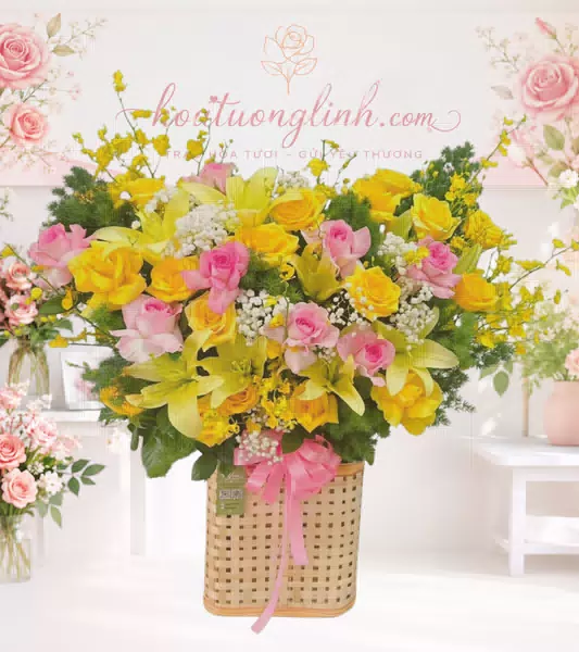 Giỏ hoa hồng vàng hồng ly vàng oncidium