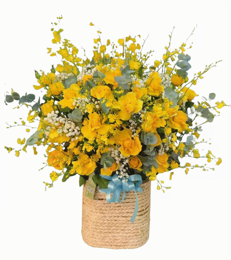 Giỏ hoa hồng vàng oncidium giỏ cói
