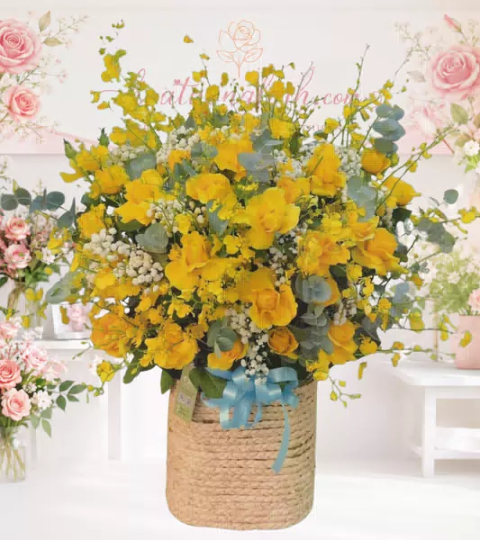 Giỏ hoa hồng vàng oncidium giỏ cói