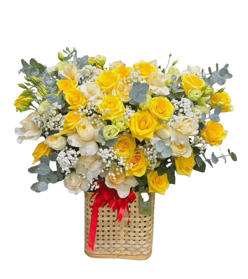Giỏ hoa hồng vàng trắng lisianthus giỏ nan