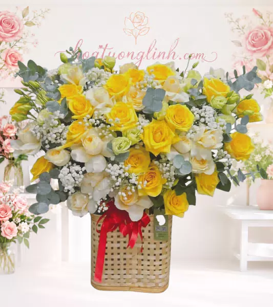 Giỏ hoa hồng vàng trắng lisianthus giỏ nan
