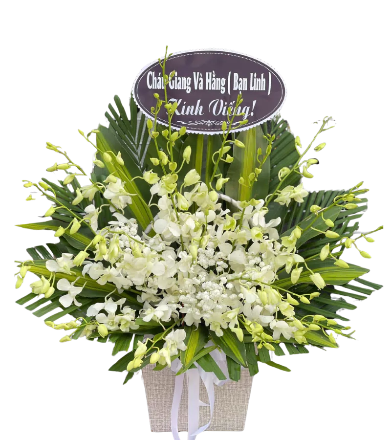 Giỏ hoa lan trắng chia buồn có bảng kính viếng