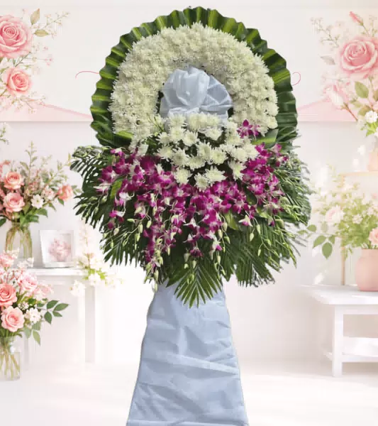 Kệ hoa chia buồn cúc trắng lan tím