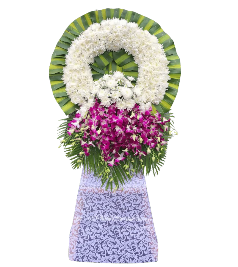 Kệ hoa chia buồn cúc trắng lan tím hoạ tiết
