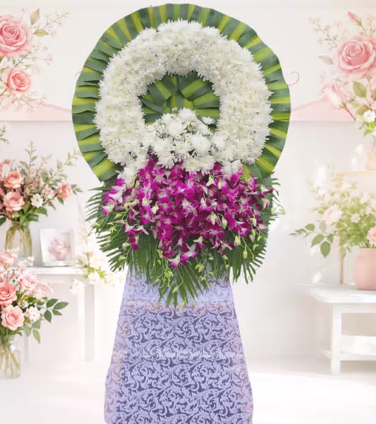 Kệ hoa chia buồn cúc trắng lan tím hoạ tiết