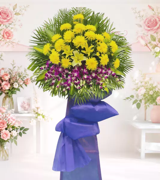 Kệ hoa chia buồn cúc vàng lan tím