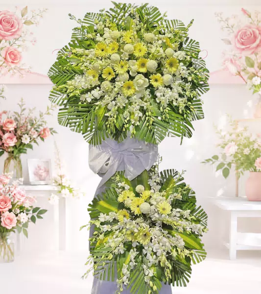 Kệ hoa chia buồn đồng tiền vàng lan trắng