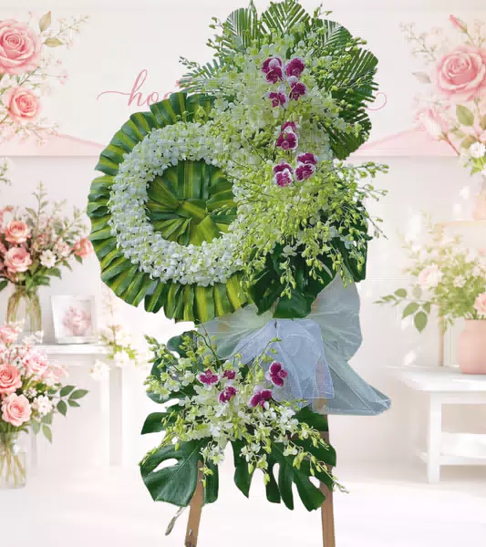 Kệ hoa chia buồn lan trắng điểm tím độc đáo