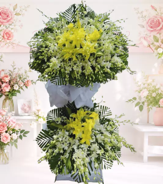 Kệ hoa chia buồn ly vàng hai tầng