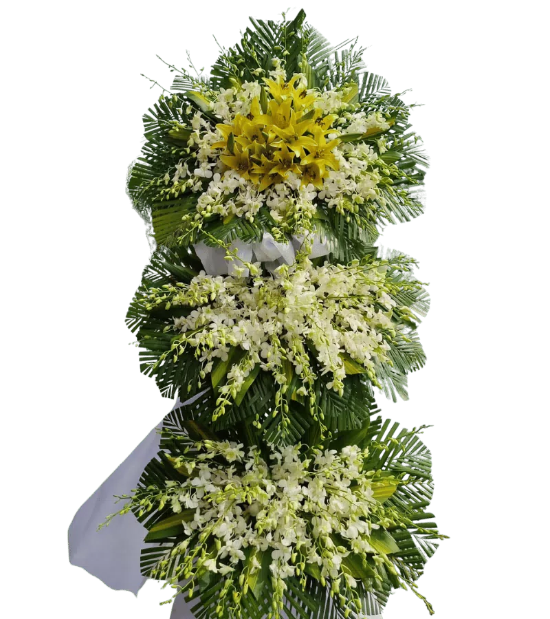 Kệ hoa chia buồn ly vàng lan trắng ba tầng