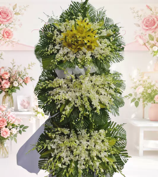 Kệ hoa chia buồn ly vàng lan trắng ba tầng