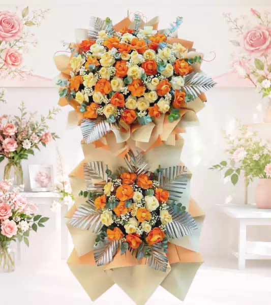 Kệ hoa khai trương cam kem lá bạc 2 tầng