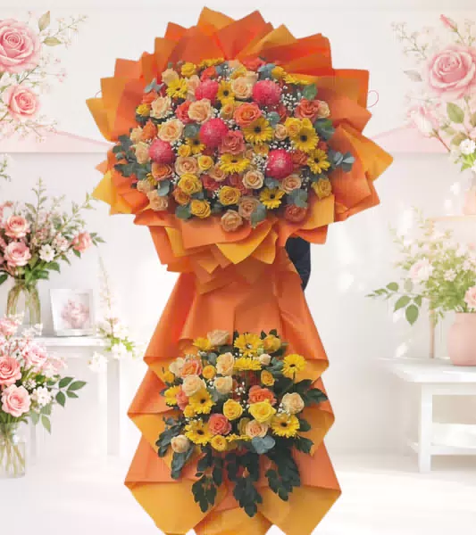 Kệ hoa khai trương cam vàng đồng tiền 2 tầng