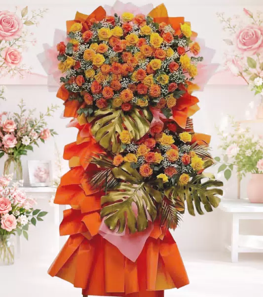 Kệ hoa khai trương cam vàng lá nhũ vàng 2 tầng