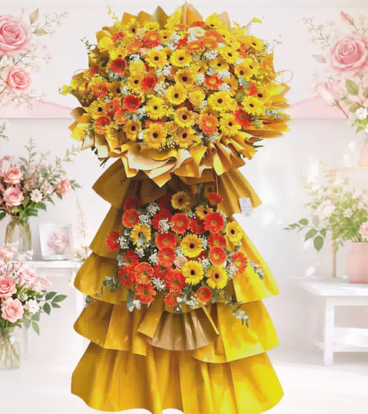 Kệ hoa khai trương cúc đồng tiền vàng cam nhiều tầng