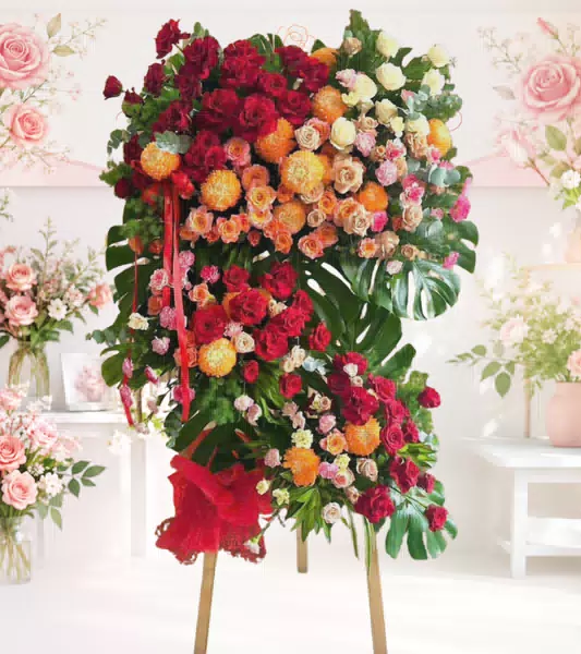 Kệ hoa khai trương đa sắc đỏ cam hồng lớn