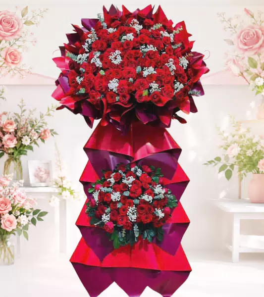 Kệ hoa khai trương đỏ 2 tầng đơn giản