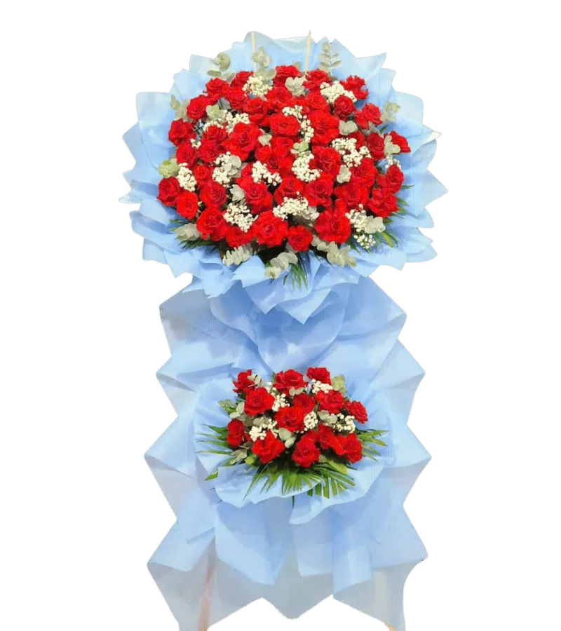 Kệ hoa khai trương đỏ bọc giấy xanh nhạt