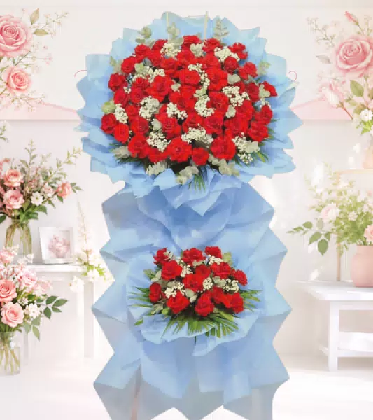 Kệ hoa khai trương đỏ bọc giấy xanh nhạt