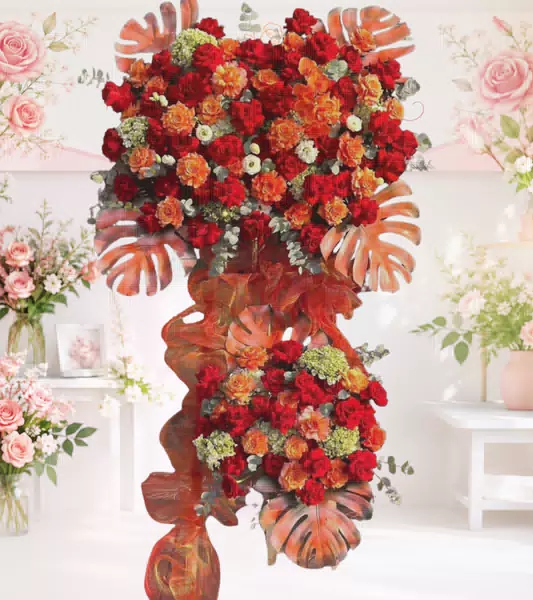Kệ hoa khai trương đỏ cam lá cọ hồng