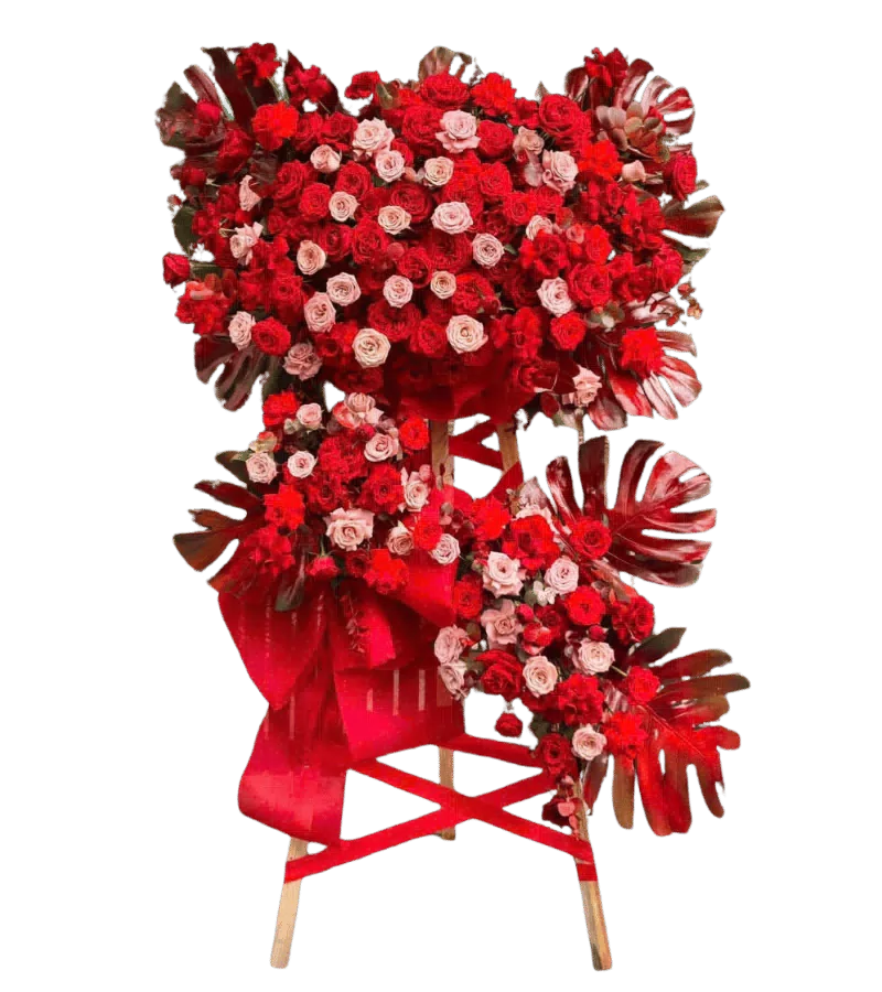 Kệ hoa khai trương đỏ hồng chân kệ nơ chéo