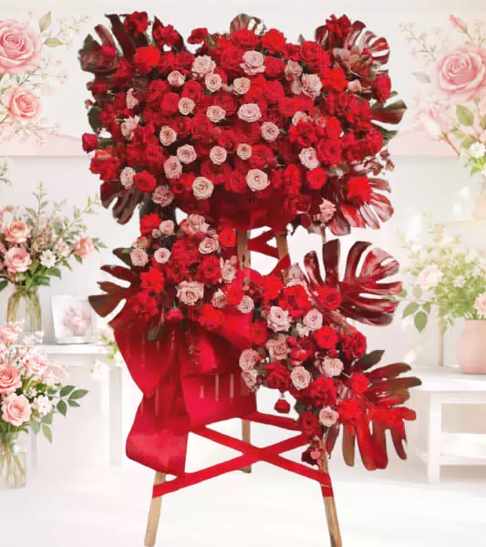 Kệ hoa khai trương đỏ hồng chân kệ nơ chéo