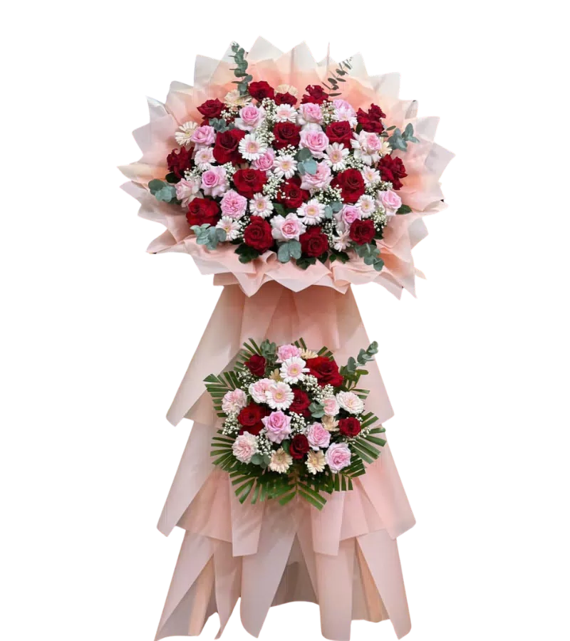 Kệ hoa khai trương đỏ hồng cúc đồng tiền 2 tầng