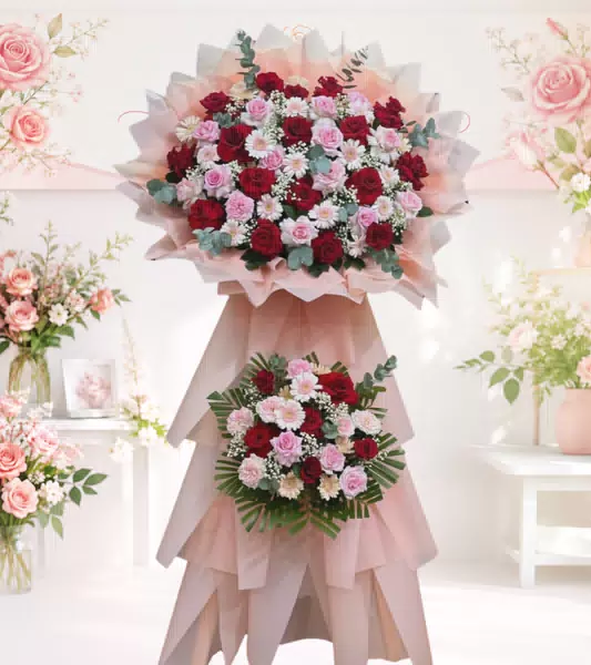 Kệ hoa khai trương đỏ hồng cúc đồng tiền 2 tầng