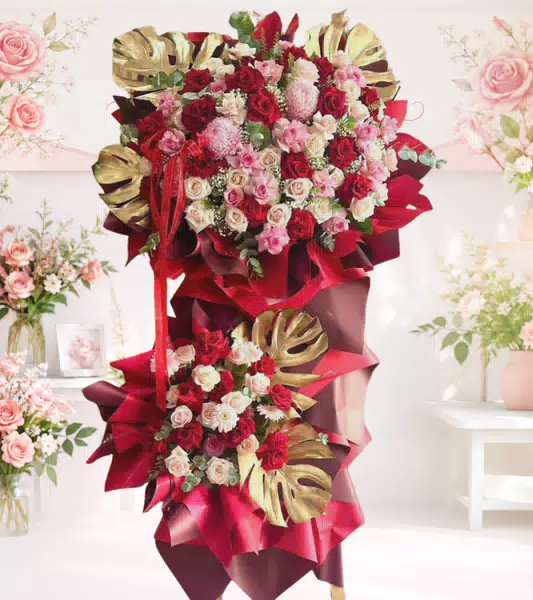 Kệ hoa khai trương đỏ hồng lá nhũ vàng 2 tầng
