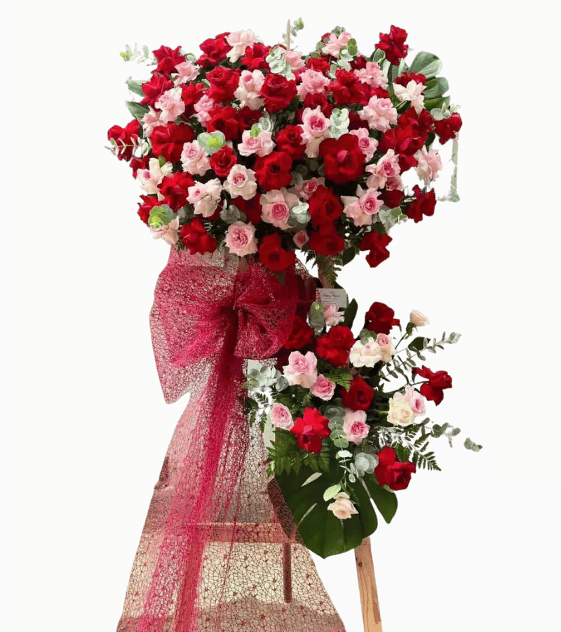 Kệ hoa khai trương đỏ hồng nơ lưới đỏ