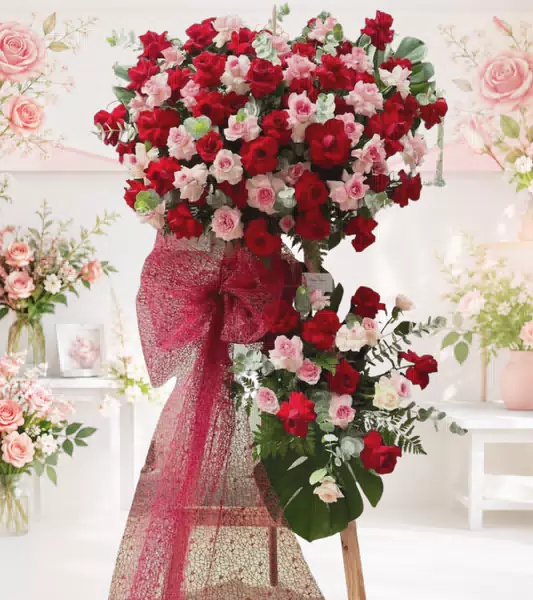 Kệ hoa khai trương đỏ hồng nơ lưới đỏ
