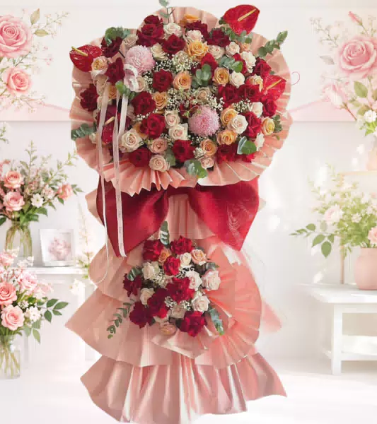 Kệ hoa khai trương đỏ hồng phối hoa chim thiên điểu 2 tầng