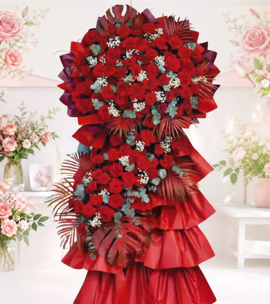 Kệ hoa khai trương đỏ lá cọ 2 tầng