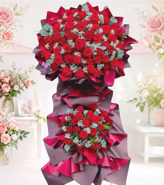 Kệ hoa khai trương đỏ mận 2 tầng