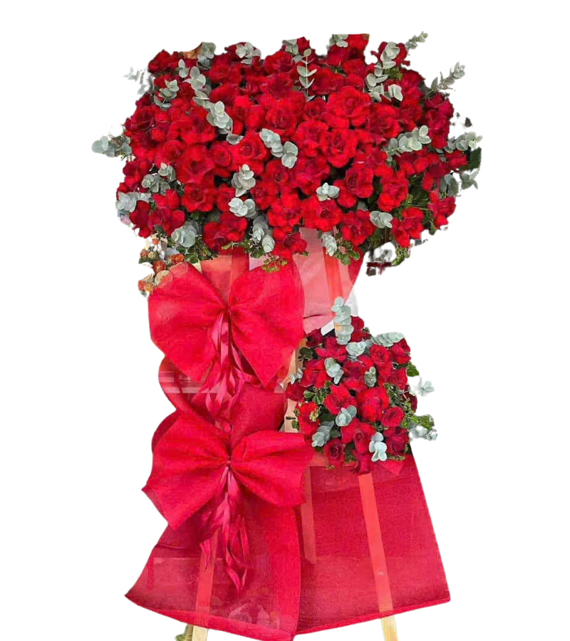 Kệ hoa khai trương đỏ nơ to