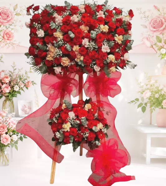 Kệ hoa khai trương đỏ nơ voan 2 tầng