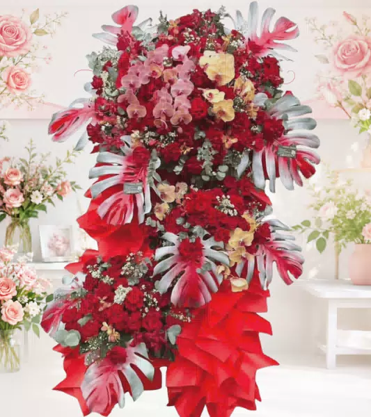 Kệ hoa khai trương đỏ phối lan hồ điệp vàng