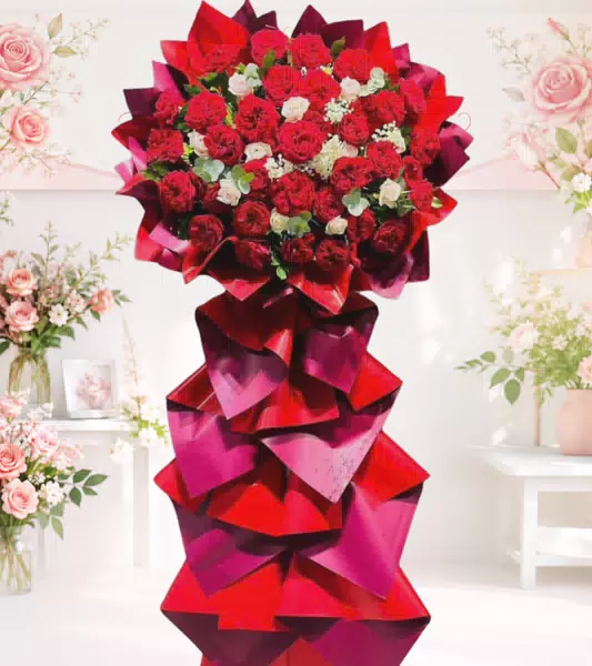 Kệ hoa khai trương đỏ trắng kèm bảng chúc mừng