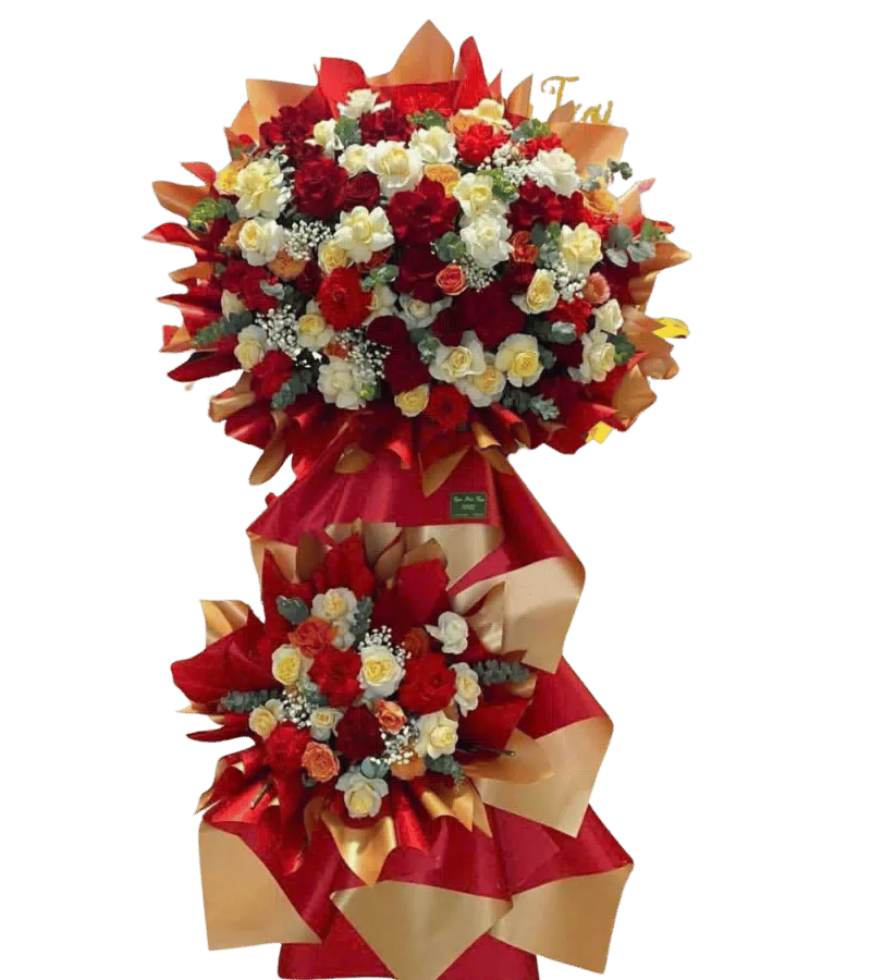 Kệ hoa khai trương đỏ vàng 2 tầng