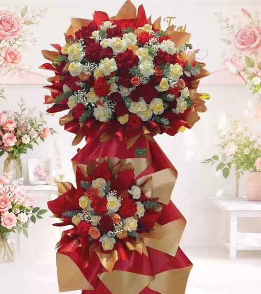 Kệ hoa khai trương đỏ vàng 2 tầng
