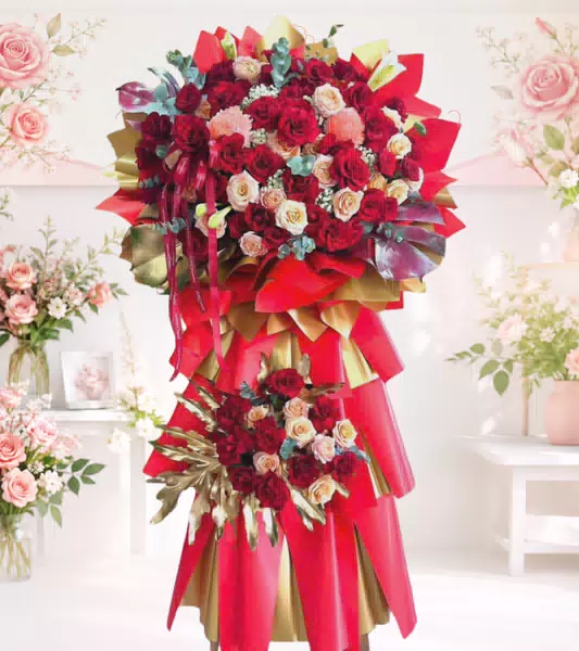 Kệ hoa khai trương đỏ vàng ánh kim 2 tầng