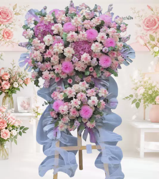 Kệ hoa khai trương tone hồng tím pastel