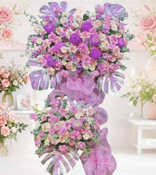 Kệ hoa khai trương tone tím hồng 2 tầng
