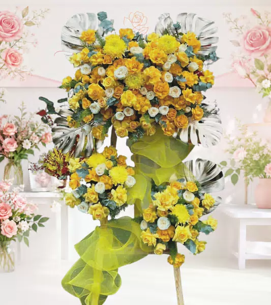 Kệ hoa khai trương tone vàng phối trắng