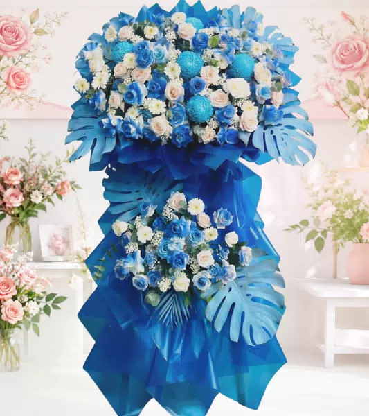 Kệ hoa khai trương tone xanh dương 2 tầng